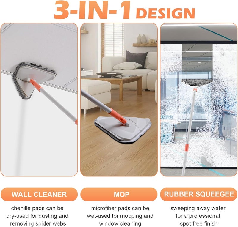 RONSUNG Wall Cleaner Triangle Mop with 82'' Long Handle - Wall Scrubber, Cleaning Washer Tool with 4 Microfiber Chenille Duster Pads for Clean Walls, Ceiling, Windows, Baseboards, Floors (Gray) - Image 2
